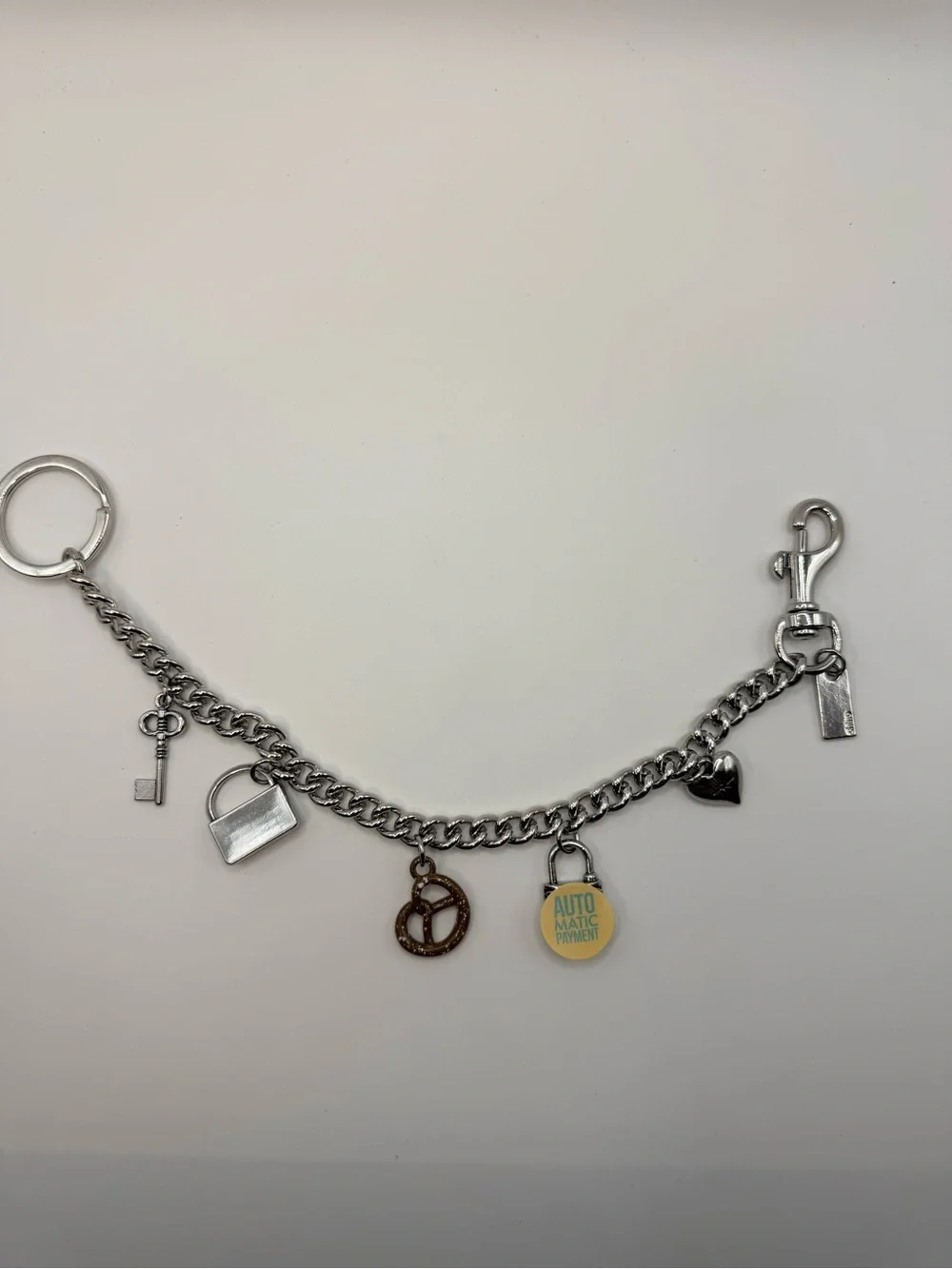Silver Charm Chain Keyring with Heart, Padlock and Novelty Charms